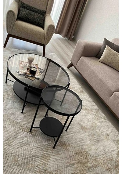 Nordic Orta Sehpa Temperli Cam 75 Cm Demonte Çizilmez Kırılmaz Metal Çerçeve Raflı Minimalist Sehpa - Siyah Siyah