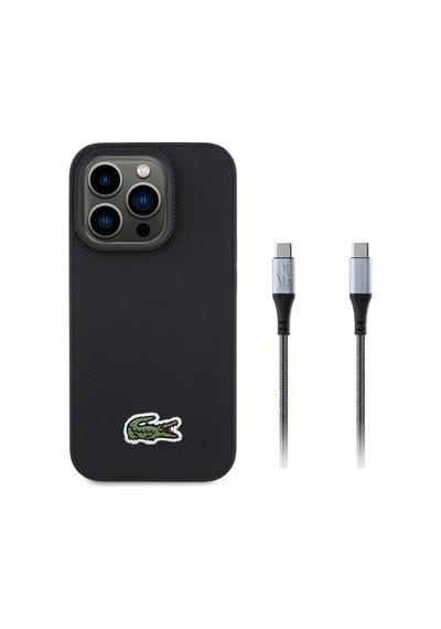 Apple Uyumlu iPhone 15 Pro Max Kılıf Lacoste Lisanslı İkonik Timsah Dokuma Logolu Kapak + Type-c Kablo 1.5m Siyah