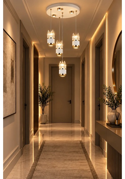 Modern Premium Gold 4'lü Sarkıt Avize Beyaz Gold Lüks Tasarım Avize 49w Led 3000k