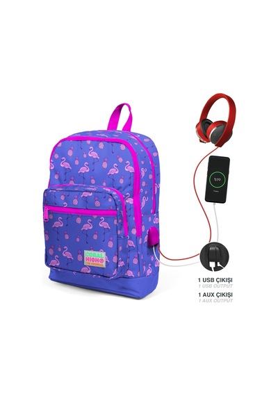 Coral High Okul Çantası Ve Beslenme Çantası Seti - Kız Çocuk Mor Flamingo - Usb Soketli Çok Renkli