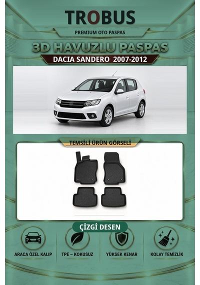 Dacia Sandero 2007-2012 Çizgi Desen 3d Havuzlu Paspas Takımı Siyah