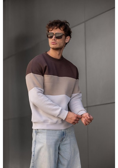 Trc 3244 Üç İplik Pamuklu Parçalı Bisiklet Yaka Erkek Sweatshirt 001