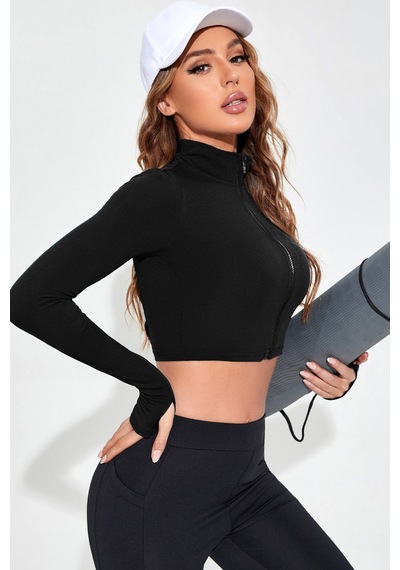 Angbutik Kadın Siyah Uzun Kol Fermuarlı Parmak Geçme Detaylı Dik Yaka Crop Top Bluz