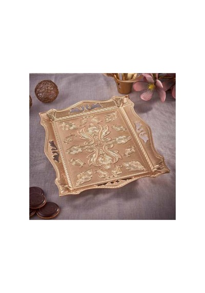 Sunum Tepsisi Dekoratif Tepsi Otantik Metal Gold 38 X 23 Cm Kervan Model