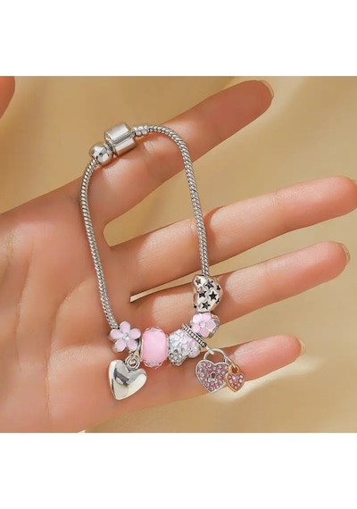 Yeni Tarz, Pembe Kalp Sade Şık Crystal Aşk , Sevgi Charmlı Bileklik, Ahşap Kutu İçerisinde Gümüş Gümüş