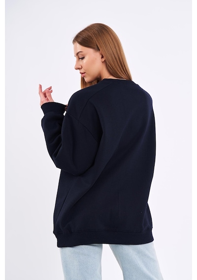 MMetalic Lacivert Kadın Pamuklu Oversize Basic Bisiklet Yaka Sweatshirt Lacivert