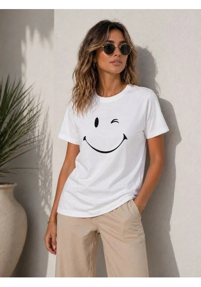 Hazego Minimal Gülümseyen Yüz Baskılı Tişört Kısa Kol Yazlık T-shirt - Beyaz