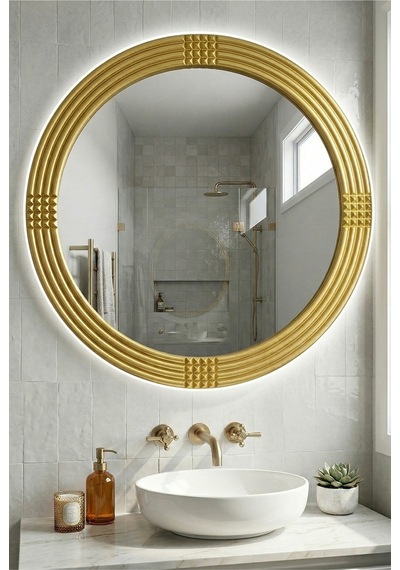 Led Işıklı Safir Altın Dekoratif İşlemeli Banyo Duvar Aynası 43 Cm Altın