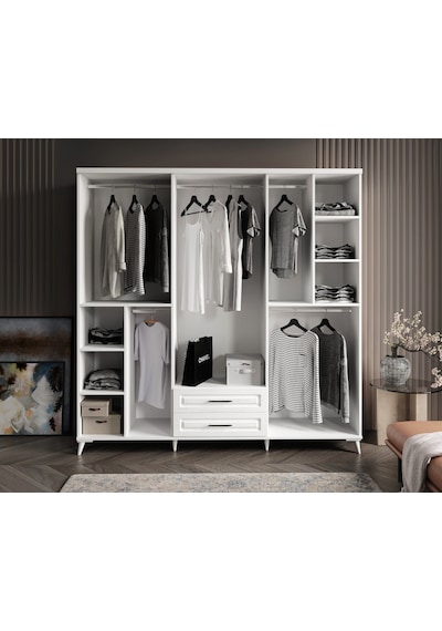 GuneyStore | Gözde 6 Kapaklı Komple MDF Beyaz Gardırop – Elbise Dolabı