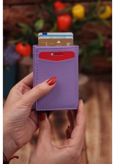 Özka Leather Suni Deri Mekanizmalı Vegan Deri Kartlık Cüzdan Portföy Lila Siyah