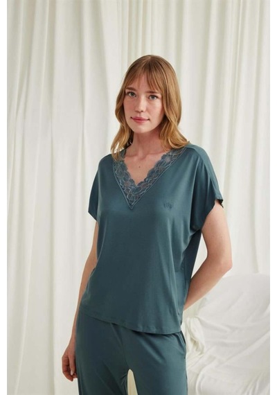 Modenya Kısa Kollu V Yakalı Dantelli Pijama Takımı Yeşil