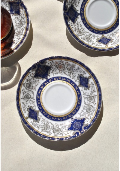 6'lı Porselen Çay Tabağı Altın İşlemeli Gold 12 Cm Çay Tabak Seti - Parya Lacivert