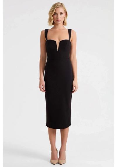 Benerly Kadın Bodycon Midi Elbise V Yaka Askılı Dokuma Finike Astarsız Dü Siyah