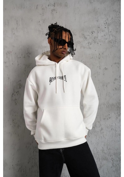 Barlashive Erkek 3 İplik Pamuklu Baskılı Kapüşonlu Cepli Sweatshirt Hoodie - Beyaz Çok Renkli