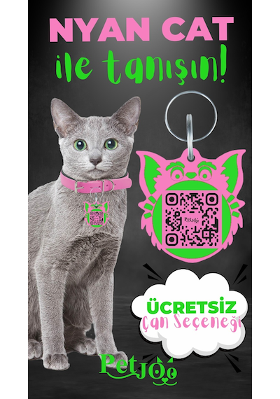 Petjoo 2.Nyan Cat Yeşil-Pembe Qr'lı Kedi Künyesi