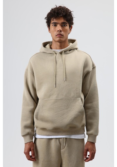 Vamos Basic Oversize Yıkamalı Hoodie Haki