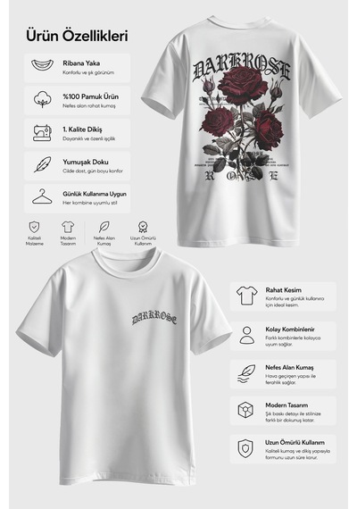 Spoyi Bordo Gotik Gül Tasarımlı %100 Pamuk Yarım Oversize Beyaz T-mhirt