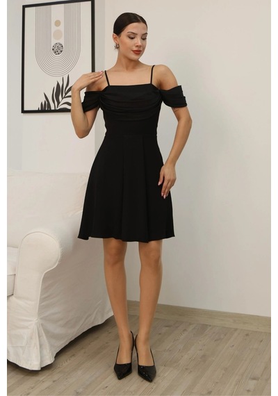 Lodmela Drape Detaylı Askılı Midi Elbise 2380-siyah Siyah