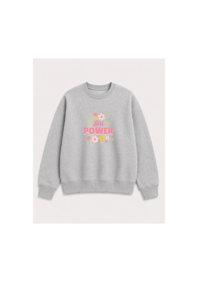 Herkesemoda Power Girl Çiçek Baskı Detaylı Şardonlu 2 İplik Bisiklet Yaka Sweatshirt Gri
