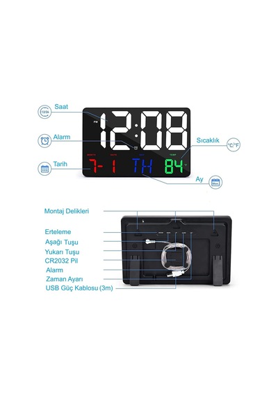 Dijital Duvar Saati Renkli Hd Led Ekran 25x16 Cm Tarih Gün Sıcaklık Alarm Usb Dekoratif