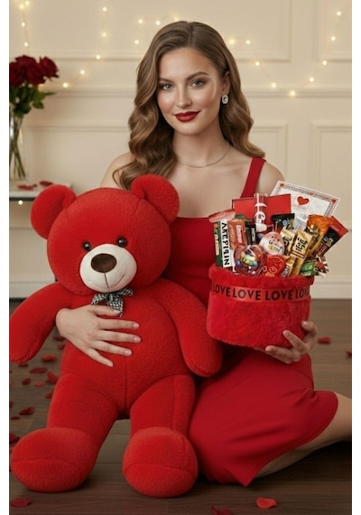 Kadınlar Günü Özel: 90 Cm Peluş Ayı Kırmızı Love Yazılı Tatlı Çikolata Sepeti Sevgiliye Hediye
