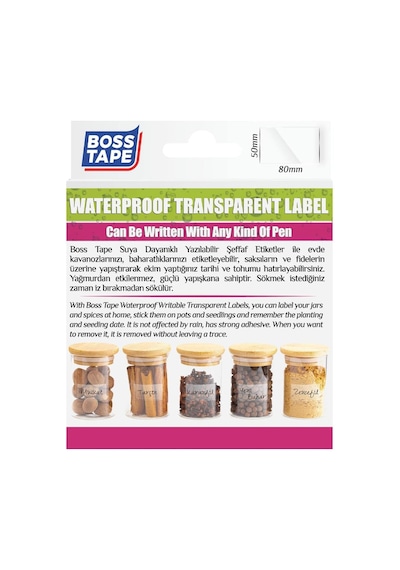Boss Tape Seffaf Su Geçirmez Etiketler, 30'lu Paket, Seffaf 1