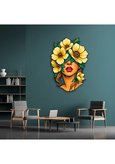 Sarı Çiçeklerle Örtülü Kadın Portresi - Metal Tablo - Dec0280 55 X 80 Cm Çok Renkli