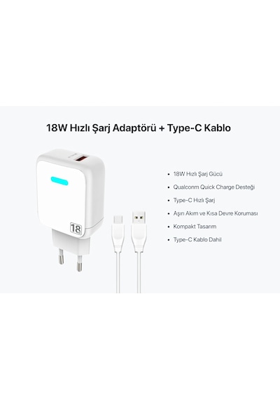 18w 3 Amper Hızlı Şarj Aleti Adaptörü Quick Charge + 1 Metre Type-c Kablo Dahil 18 W Adaptör-Başlık