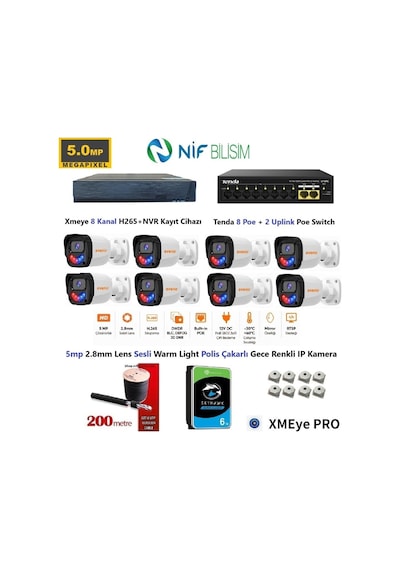 Xmeye 5mp 2.8mm Sabit Lens Polis Çakarlı Sesli Ve Gece Renkli 8 Kameralı Ip Kamera Seti 6tb Disk