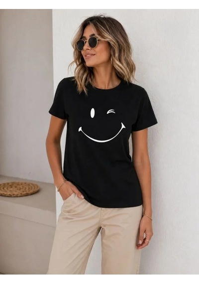 Valensdesign Minimal Gülümseyen Yüz Baskılı Tişört Kısa Kol Yazlık T-shirt - Siyah
