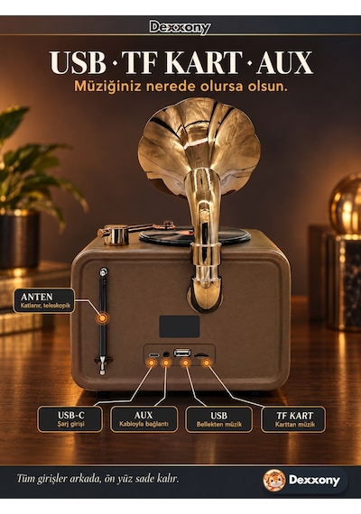 Dexxony Dx-2528 Kahverengi Nostaljik Radyo Retro Gramofon Büyük Boy Şarjlı Bluetooth Hoparlör Fm Usb