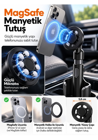 Araç İçi Bardaklık Telefon Tutucu Manyetik Magsafe Uyumlu Ayarlanabilir Telefon Standı Siyah