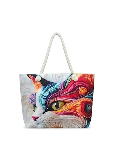 Lederax Rainbow Kedi Desenli Kadın Plaj Çantası Ld668 Çok Renkli