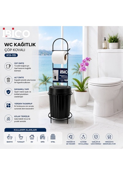 Krt Wc Kağıtlık Metal Ayaklı Siyah Plastik Çöp Kovası- 10'li Paket
