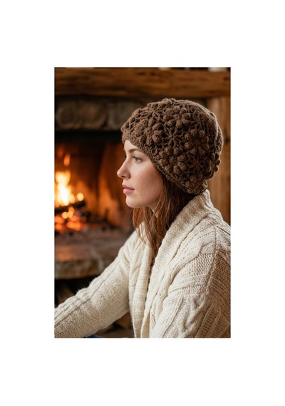 Emybox El Örgüsü Siyah Kadın Bere Tığ İşi Çiçek Motifli Bohem Kışlık Şapka - Vintage Stil Yumuşak Örgü Bere Modeli Kahverengi
