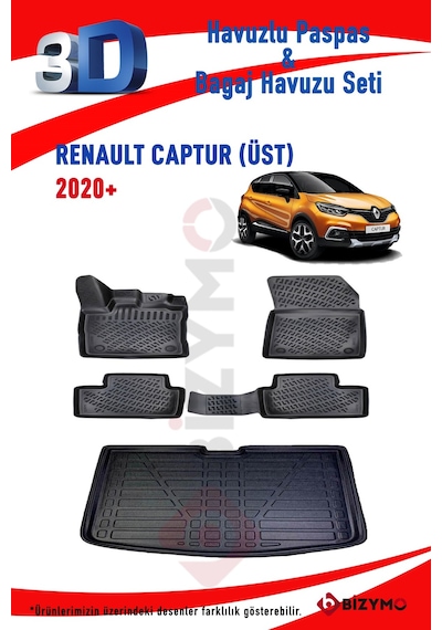 Renault Captur 2020+ 3D Havuzlu Paspas ve Üst Bagaj Havuzu Seti Siyah