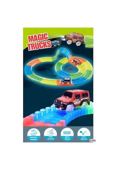 Oyuncak Magic Trucks Hareketli Raylar 384 Parça Magic Trucks 2 Işıklı Arabalı Oyuncak Karanlıkta Parlayan Sihirli Raylar