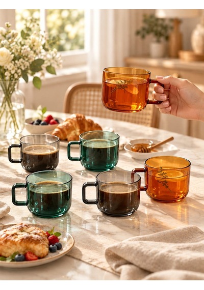 Qerhome Borosilikat Cam Vetra 6 Lı Renkli Cam Kupa Seti 250 Ml Çok Renkli