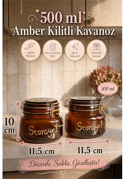 2'li 500 Ml Kilitli Amber Cam Kavanoz Seti Contalı Kapaklı Kalın Cam Saklama Kavanozu Paslanmaz Çelik Mandallı Hava Geçirmez Kahve, Baharat, Bakliyat Ve Erzak Saklama Kabı Kahverengi Kahverengi