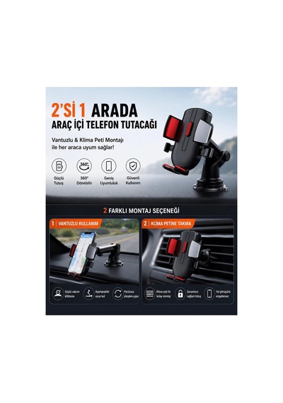2'si 1 Arada Araç İçi Telefon Tutucu Vantuzlu Ve Klima Izgarası Petek Uyumlu 360 Dönünebilir Siyah Siyah