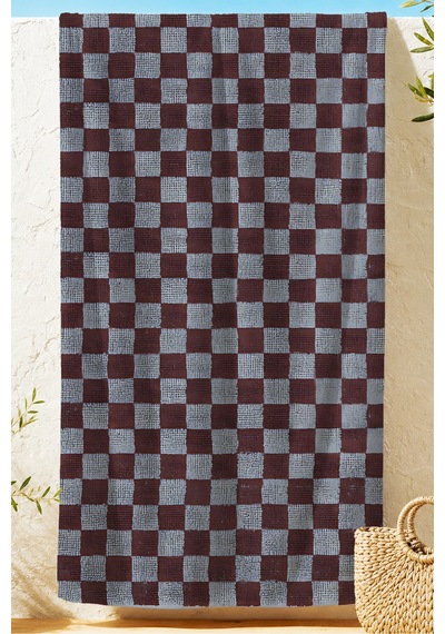Damalı Kare Desenli Bohem Plaj Havlusu - Modern Bordo Gri Havuz Deniz Hızlı Kuruyan Mikrofiber Havlu Çiy Şafak