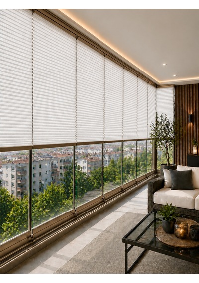Plise Perde Beyaz Kumaş + Bronz Profil Kasa Cam Balkon Perdesi