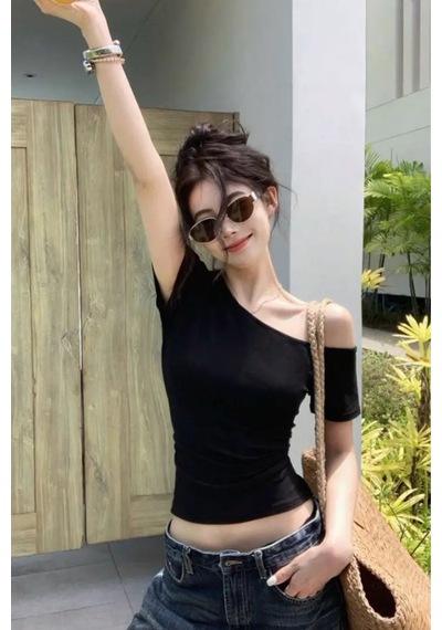 Siyah Kadın Düşük Omuz Kayık Yaka Dar/slim Likralı T-shirt Siyah