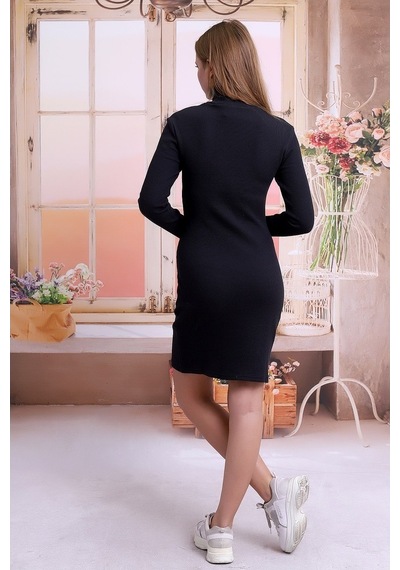 Self Clothing Kadın Siyah Balıkcı Yaka Petek Kumaş Elbise Slf1370 Siyah