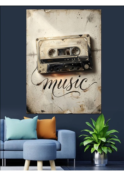 Kaset Bandından Oluşan Müzik Yazısı Dekoratif Kanvas - Mdf Ahşap Tablo