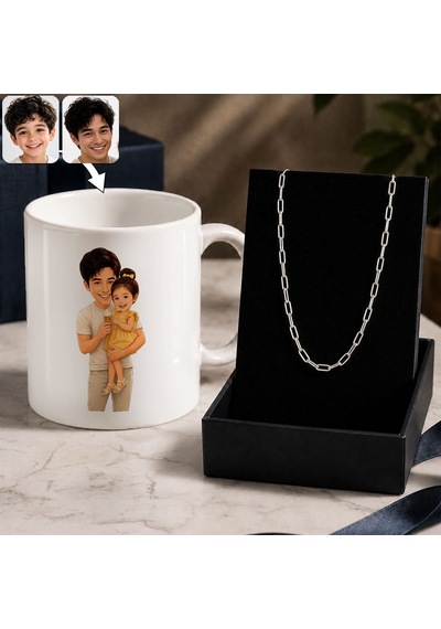 Bk Gift Kişiye Özel Baba&çocuk Karikatürlü Beyaz Kupa & Ataç Zincir Kolye -3, Babalar Günü Hediyesi Gümüş