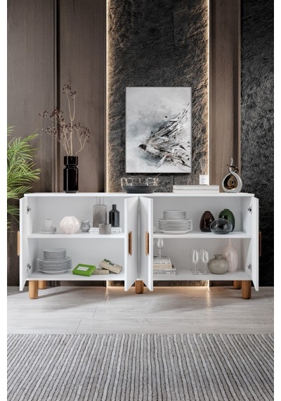Bohem Serisi Riva Modern 160 Cm 4 Kapaklı Salon Konsolu - Beyaz