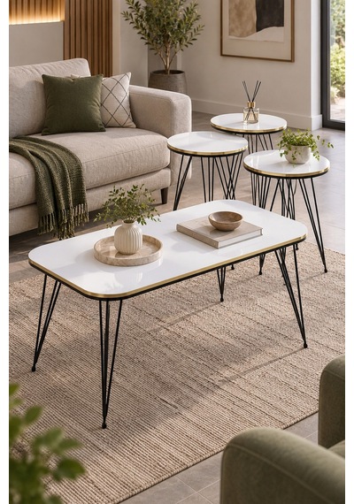 Sulorahome Siyah Tel Ayaklı Beyaz 4'lü Sehpa Seti