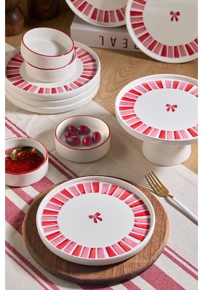 Handmade 11 Parça Ribbon Ayaklı Sunum Standlı Kahvaltı Takımı - Kurdelalı Kahvaltı Takımı Pembe Beyaz