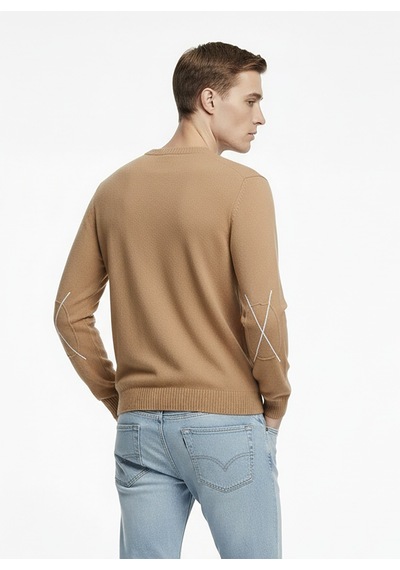 Alpha Studio Bej Erkek Bisiklet Yaka Regular Fit Kazak Au-3210c Pacth Crewneck Knıt